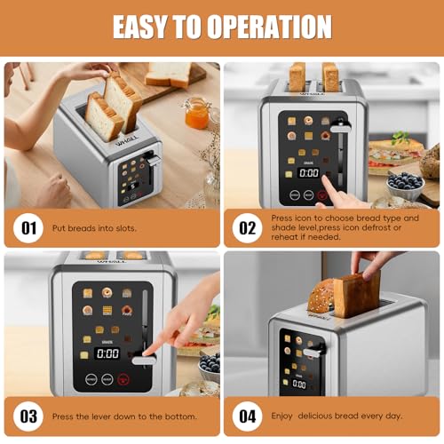WHALL Touch Screen Toaster 2 Slice, Smart Digital Toaster with 1.5" Wide Slots, 6 Shade Settings & 6 Bread Types, Memory Function, Countdown Timer, Brushed Stainless, Ideal Kitchen Gift & Essential by whall - Image 8