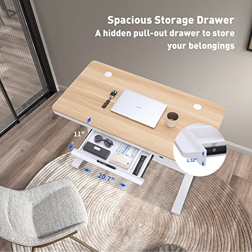Farray Electric Standing Desk With Drawer, 45 X 24 Inch Adjustable Height Desk With Power Strip & Usb Ports, One-Piece Top Stand Up Desk, Modern Sit Stand Desk (Oak Top + White Frame) #TOP4