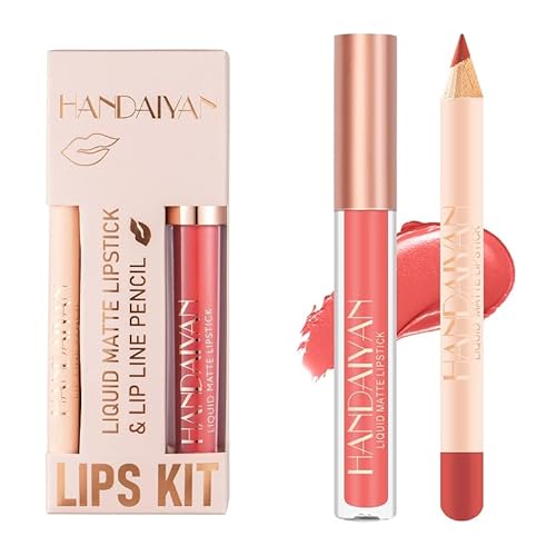 2PCS Matte Lip Liner and Lipstick Makeup Set, Velvet Liquid Lipstick Matte Lip Gloss Set Waterproof Long Lasting, Sexy Red Lipstick for Women Daily Lip Makeup Lip Stain-Set (06)