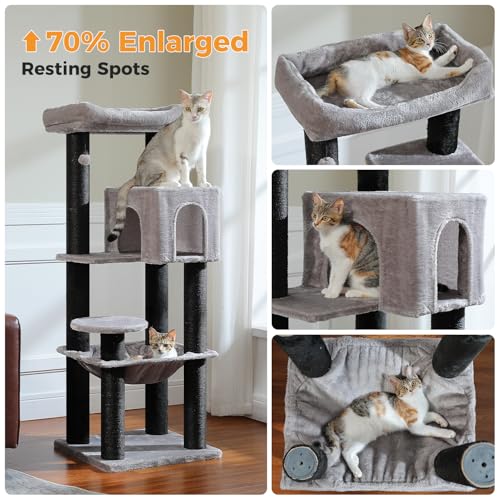 Image of MUTTROS Large Cat Tree with Reinforced Scratching Posts (φ3.7in) for Big Adult Cats 30 lbs, 57.8 inch Heavy Duty Cat Tower with Larger Hammock and Condo, Cat Furniture for Maine Coon, Plush,Black