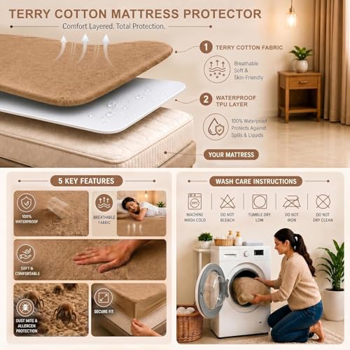 Image of Cotton Feel Terry 72x75 inch Ultra Soft Waterproof Mattress Protector King Size | Breathable Hypoallergenic Mattresses Cover for King Size Bed (Beige)