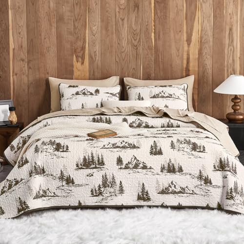 Wake In Cloud - Rustic Quilt Set Cabin Forest Woodland Camping Theme with Lodge Mountain Print Reversible Lightweight Bedspread Coverlet 3 Pieces Beige Brown Queen/Full Size