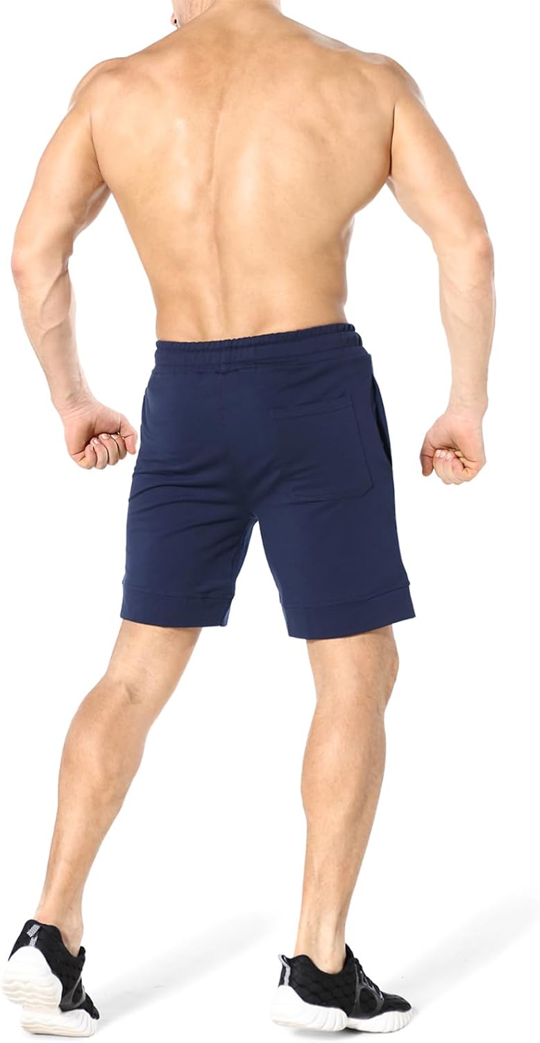 ZENWILL Mens 2 Pack Zip Gym Athletic Shorts, 7" Workout Running Fitness Cotton Training Shorts for Men with Zip Pockets(Large,Navy Blue)