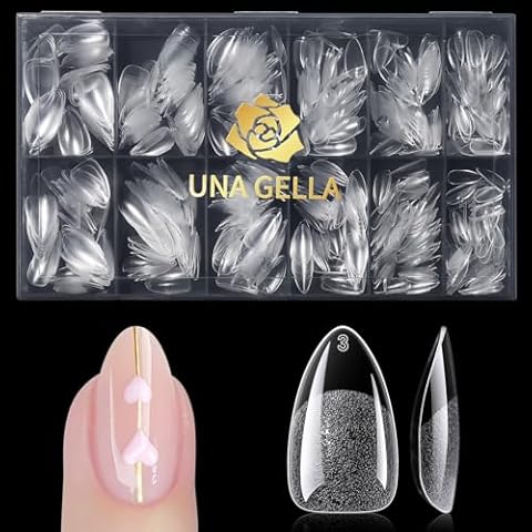 UNA GELLA Short Almond Gel Nail Tips, 600 Pcs Pre-Filed Short Nail Tips Almond Shape Half Matte Press On Nails 12 Sizes Full Cover Clear Fake Almond Nails for Nail Extension Home DIY Salon with Box Cover