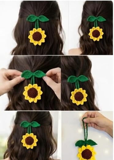 Handmade Crochet Flower Hair Tie Charm, Yellow Sunflower, Multi-Purpose Use