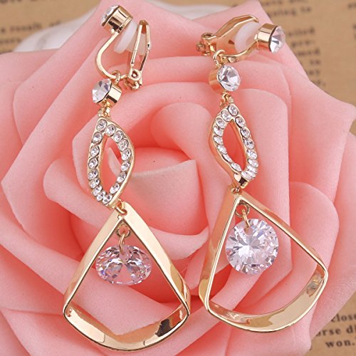 Grace Jun™ Fashion Bridal Rhinestone Cz Long Clip On Earrings Non Piercing For Women Ear Clip (Gold+White) #TOP2
