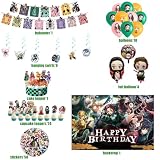 demon birthday party decorations，Anime theme party supplies,Including banners, balloons, tablecloths, dinner plates, etc.