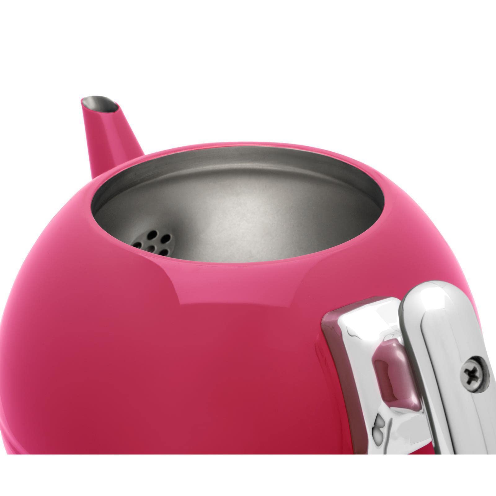 Bredemeijer Teekanne 1,2 Liter - Edelstahl doppelwandig Pink - große Edelstahlkanne mit Tee-Filter-Sieb-Aufsatz für losen Tee oder Teebeutel - Teebereiteer inkl. schwarzem Holz-Untersetzer