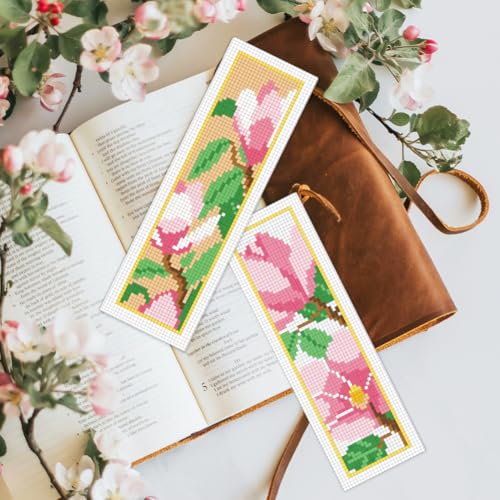 Image of BEUNITONE 6 Pcs Flower Cross Stitch Bookmark Kits for Beginners Magnolia DIY Stamped Cross Stitch Kit Vintage Floral Embroidery Kit with Instruction for Craft Book Lover Reader Writer 8''x2.4''