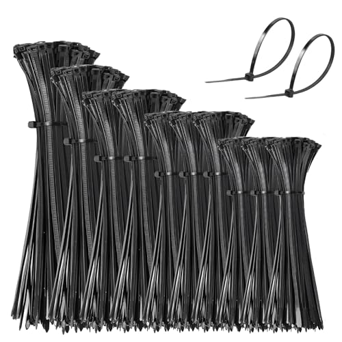 1000 Pack Cable Ties Black, 100/150/200/250/300mm Zip Ties Set, Heavy Duty & Extra Long Tie Wraps for Cable Management in Home, Office, Garden and DIY