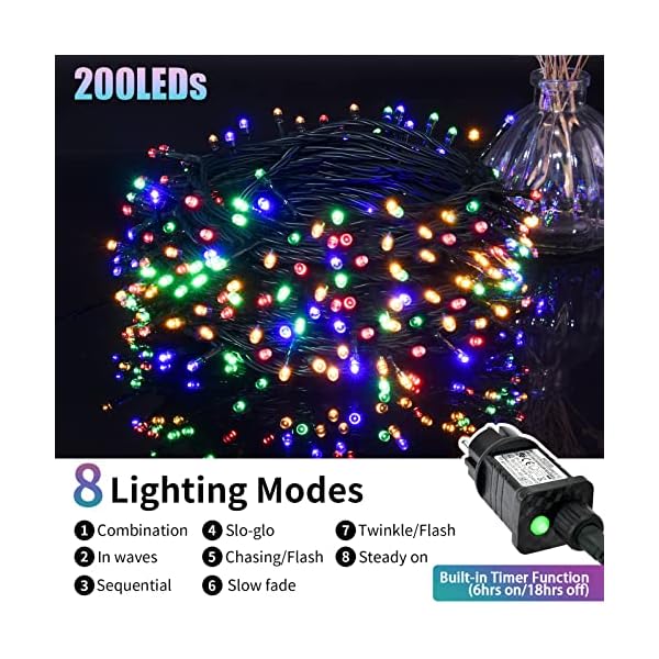 LED Lichterkette Außen, 20M 200 LED Bunt Weihnachtsbeleuchtung mit Strom, 8 Modi & Speicherfunktion, IP44 Wasserdicht… – Bild 3