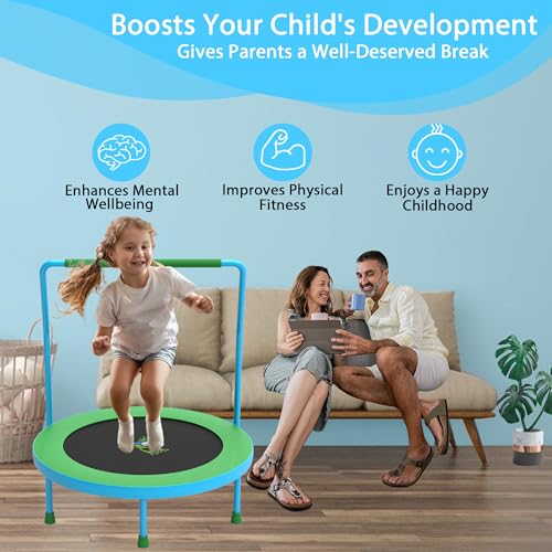 3FT Foldable Kids Trampoline, 36'' Indoor & Outdoor Mini Trampoline for Toddlers, Max Capacity 220 LBS, Adjustable Handlebar, Quiet & Safe Design