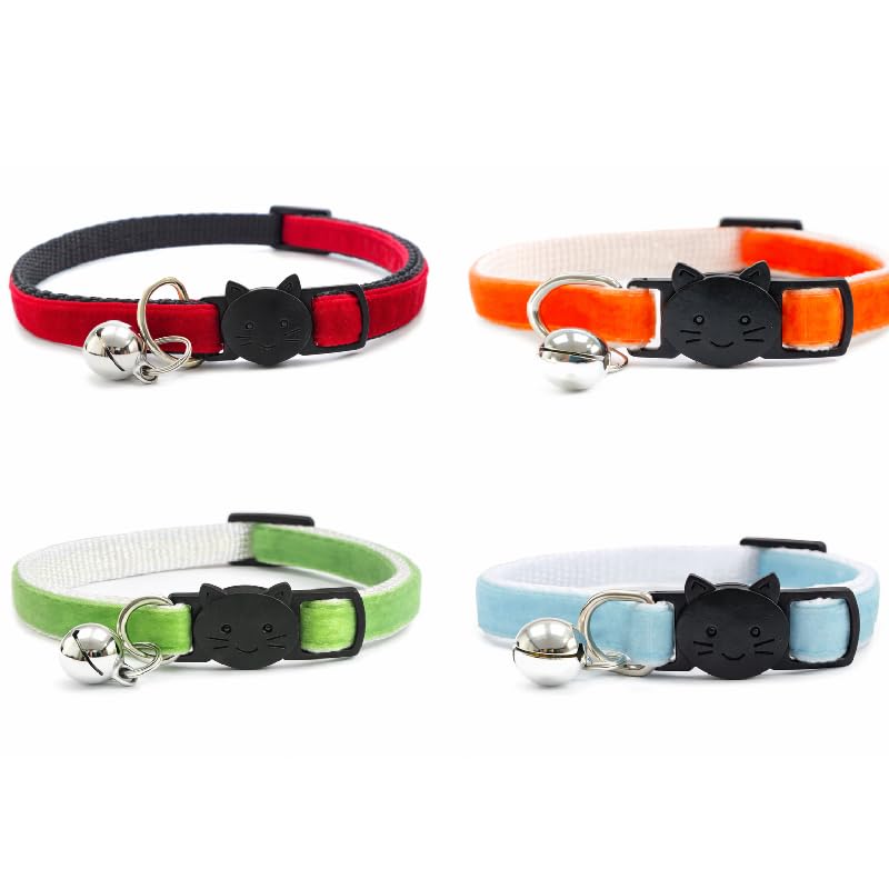 Velvet Cat Collars with Bell. Safe Quick Release Breakaway Buckle | Zacal Cat Collars (Pack of 3) (Apple Green + Orange + Baby Blue + Red, Pack of 4)