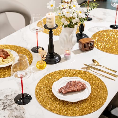 Cumouna Jogo americano dourado, brilhante, strass esmagado, redondo, lavável, elegante, tapete de me