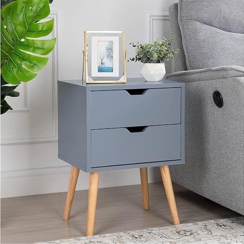 Image of VASIL MART Bedside Tables, Wooden Nightstands with Solid Wood Legs & 2 Drawers, End Tables Storage Units for Living Room /Bedroom,etc .(Grey)