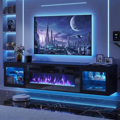 Image of 70 inch Floating TV Stand with Fireplace, High Gloss Finish Wall Mounted Fireplace Entertainment Center with Storage for TVs Up to 80 inch, Black