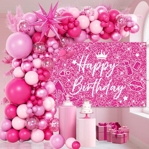 Hot Pink Birthday Decorations for Girls Women,Happy Birthday Backdrop,Pink Balloon Garland Arch Kit For Princess Party Decorations