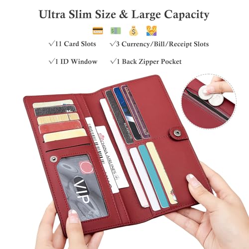 Image of Wallets for Women Slim Thin Soft Leather RFID Blocking Credit Card Holder Bifold Long Ladies Wallet Clutch, A04-wine red, Modern