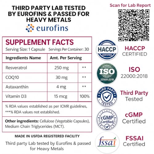 Image of Astaxanthin 4mg + Resveratrol 250mg | For Skin, Eye, Brain, Energy & Immunity | EUROFINS Lab tested | 4-in-1 Antioxidant powered with with COQ10 & Vitamin D3 | Fresh Microalgae Source | 30 Veg Capsules