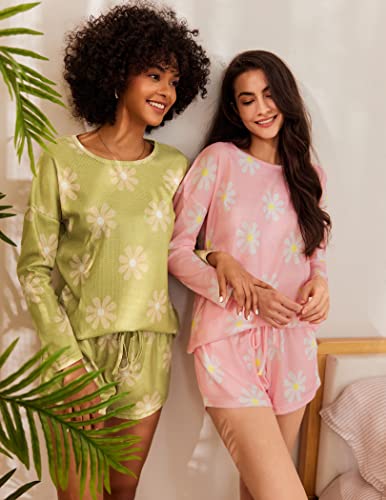 Ekouaer Women 2 Piece Waffle Set Long Sleeve Floral Knit Pullover Top And Knitted Shorts Suit Spring Outfits Pink Daisy Flower #TOP3