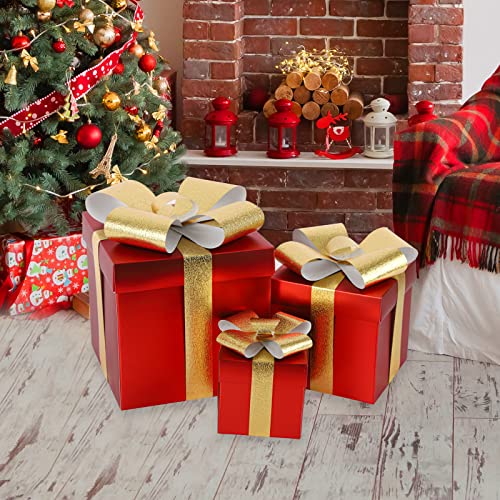 Boite cadeau, 3 tailles Boîtes à Cadeau avec Couvercles Boîte de Rangement Papier avec nœuds Décorative Rectangulaire Boîte de Présent en Carton pour fête de Noël, anniversaire, mariage Red