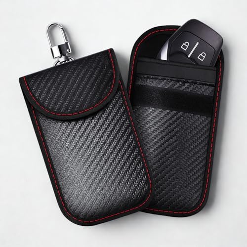 ALMSTORE Lot de 2 Étui Anti-RFID Pochettes Blocage Signal Clé Voiture 2025 Faraday Fibre de Carbone - Protection Sécurité Anti-Piratage, Étanche et Durable, Porte-Clés Inclus