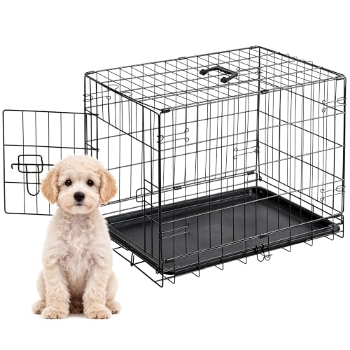 Image of Dog Crate 24 Inch Small Dog Cage Foldable Indoor Outdoor Pet Kennel | Single Door Metal Wire Portable Dog Kennel with Secure Lock, Leak-Proof Pan Tray, Dog Training and Travel