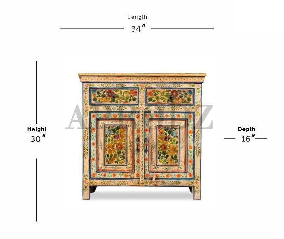 Image of APRODZ Hand-Painted Solid Wood Sideboard Cabinet with 2 Doors & 2 Drawers | Wooden Storage Cabinet for Bedroom Living Room & Kitchen | Crockery Cabinet, Kitchen Storage | Multicolor, 34x16x30 Inches