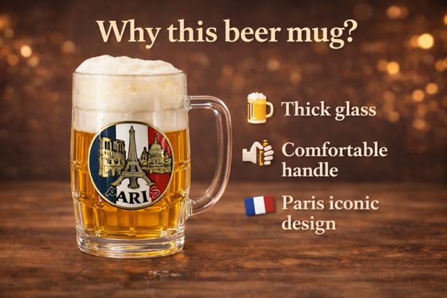 Générique Lot de 2 Mugs à Bière Paris 280 ml en Verre – Chopes à Bière Épaisses avec Anse – Style Brasserie – Coffret Cadeau Prêt à Offrir – Paris Beer Mug Gift Set (2x 280 ml)