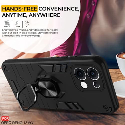 Image of AESTMO Oppo Reno 13 5G Back Case Cover | Tough Armor Bumper | Ring Holder & Kickstand in-Built | 360 Degree Protection Cover for Oppo Reno 13 5G (Black)