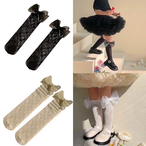 Sock,Kids Girls Korean Elegant Hollowed Lace Long Socks Pearl Beaded Trim Bowknot School Uniform Over Calf Sock2