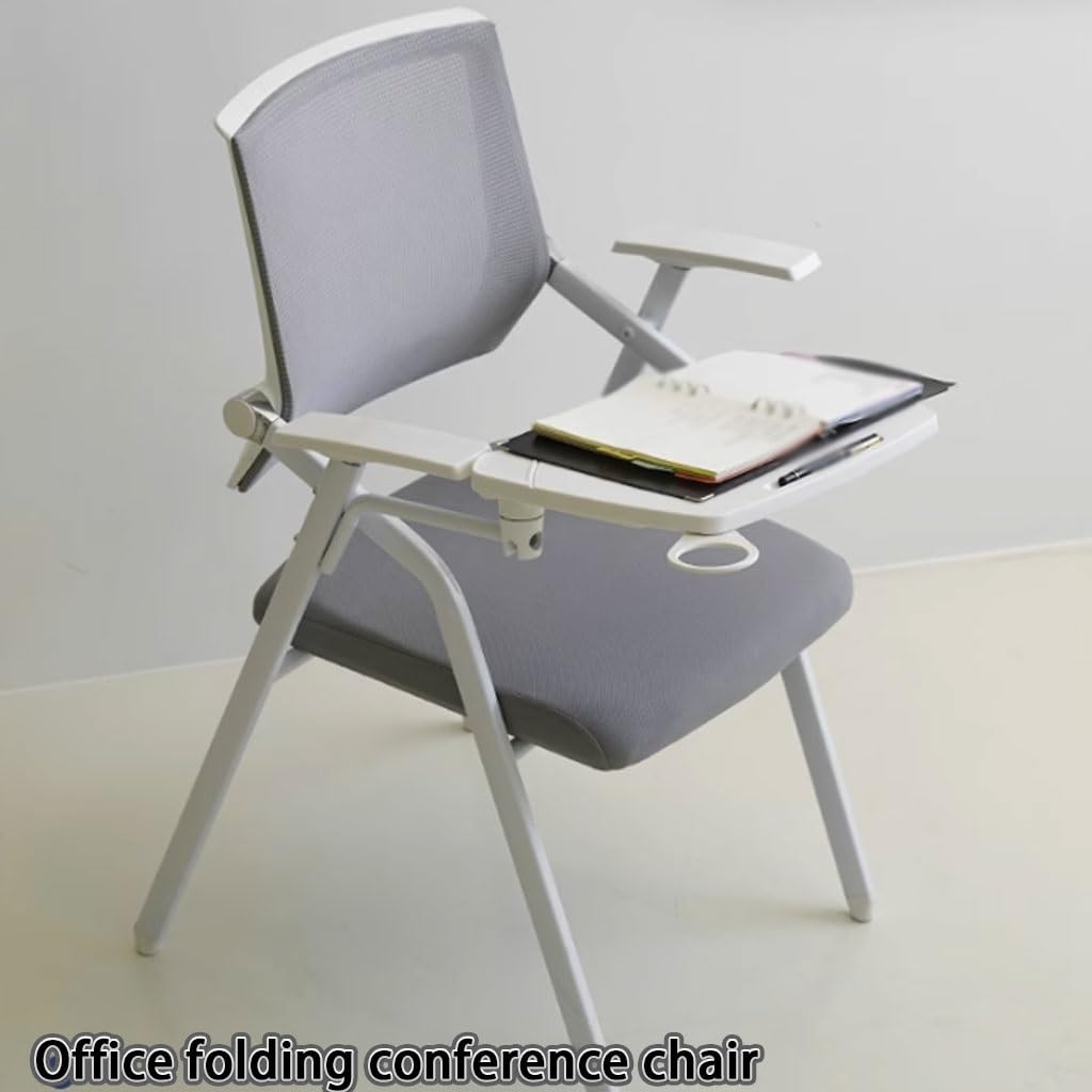 Sedia Pieghevole da Ufficio con Scrittorio, Sedia da Conferenza con Bracciolo e Portabicchieri, Sedia da Allenamento Portatile per Scuola e Casa, Grigio Arancione