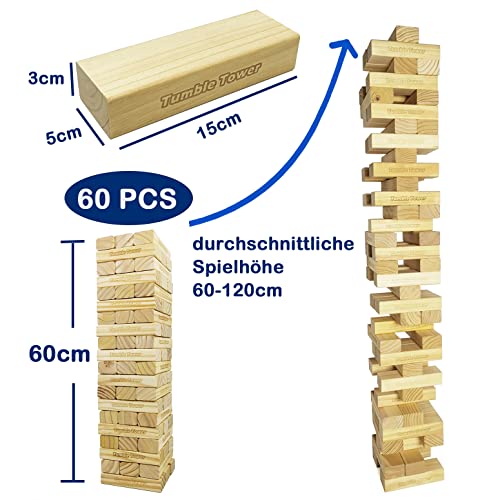 Jac & Mok Jumbo Tumble Tower-Wackelturm-Turm Spiel 60 Stück Kiefernholz Toppling Blocks Spielzeug mit Tragetasche