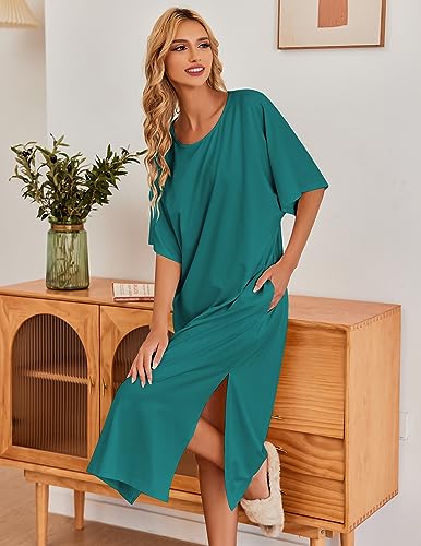 Image of Ekouaer Women's Nightgown Short Sleeve Sleepshirt Long Loungewear Casual Maxi Lounge Dress House Dresses with Pockets