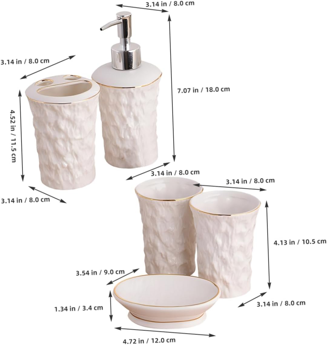 Ceramic Toothbrush Holder Soap Dish Set Lotion Dispenser Bathroom Accessory Kit Gold Trim Easy to Use