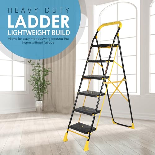 Image of Parasnath 6-Step Yellow Diamond Steel Foldable Ladder | Wide Anti-Skid Plastic Steps for Extra Grip, 6.2 FT Step Ladder, 6-Year Manufacturer Warranty, Made in India