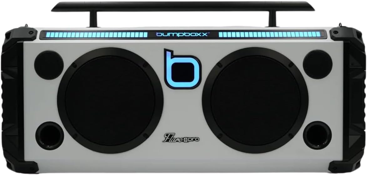 Bumpboxx Bluetooth Portable Speaker Boombox Flare8 Pro White | Retro Boombox with Bluetooth Speaker | Rechargeable Lithium Battery | Includes 2 Wireless Microphone, Carrying Strap & Remote Control