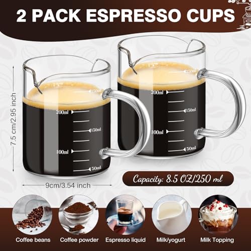 Patelai 2 Pcs 8oz Espresso Cups, Glass Measuring Cups with Double Spouts & Handle, Milk Frothed Cup Coffee Bars Accessories for Machine, Scale Glass Jars for Coffee, Water, Yogurt, Juice, Oil, 250ml - Thumbnail 2