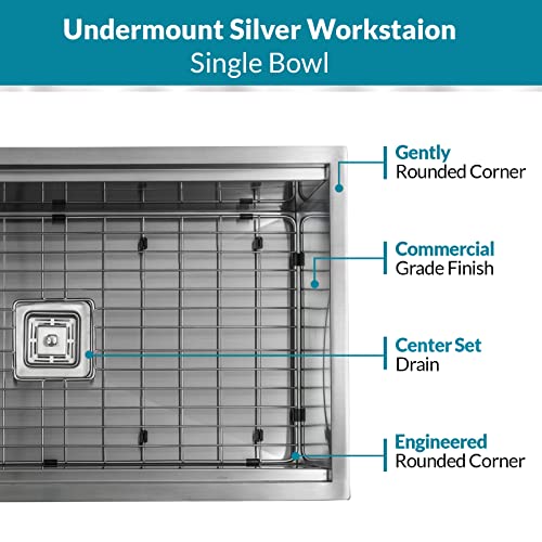 Strictly Sinks Undermount Workstation Kitchen Sink– Silver 32 Inch Scratch & Stain Resistant –16 Gauge With Single Bowl Bottom Grid, Wooden Cutting Board – Colander With Single Square Disposal Adapter #TOP6