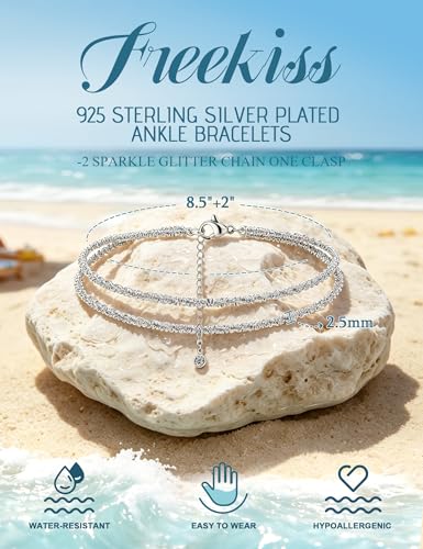 Image of Freekiss Sterling Silver Ankle Bracelets for Women: Dainty Layered Waterproof Anklet for Women Adjustable Womens Anklet Set Stackable Figaro Beaded Cuban Link Anklets Beach Jewelry for Women