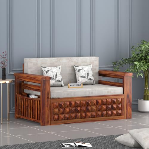Image of Sheesham Wood 2 Seater Diamond Sofa Cums Bed with Storage and Side Pockets for Living Room | Rosewood Sofa Cums Bed (Honey)