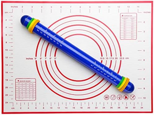 Home Kitchen Professional Non-Stick Rolling Pin with Silicone Baking Mat, Aluminum Rolling Pins Dough Roller with Adjustable Thickness Rings and Pastry Mat for Baking Dough, Pizza, Pie, Fondant, Pastr