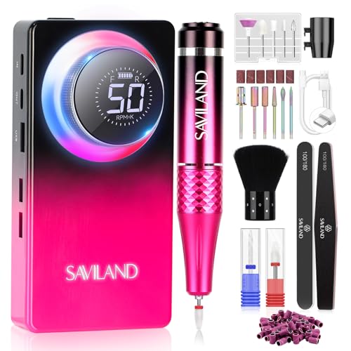 SAVILAND Electric Nail Drill 50000 RPM: Cordless Electric Nail File 10 H Battery Life Rechargeable Nail Drill Kit with Ceramic Drill Bits for Acrylic Nail Removal Ambient Light Black and Pink Ombre