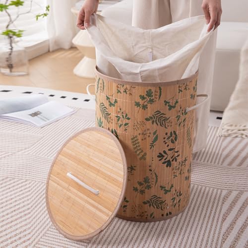 Image of HOKIPO Eco-Friendly Foldable Bamboo Laundry Basket Hamper with Lid, Large, 61 Litre, Fern Leaves (AR-5752), Brown