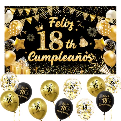 Meleager Decoración 18 Cumpleaños Español, Pancarta Feliz 18 Años + 15 Globos, Banderola de Feliz 18 Años Cumpleaños, Kit Decoración Fotos para Fiestas Negro y Dorado