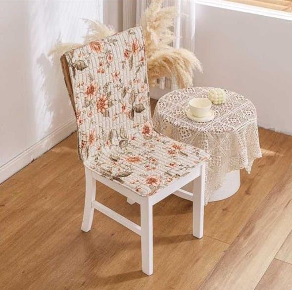 Image of HOMETHREADS Floral Quilted Cotton Chair Cover - Soft, Comfortable Dining Chair Seat Protector with Non-Slip Backing & Strong Elastic Strap for Snug Fit (White Green, Pack of 1)
