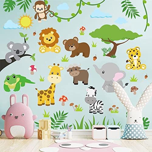 Supzone Jungle Animal Wall Stickers Forest Animal Tree Wall Decals Monkey Elephant Giraffe Cartoon Animal Wall Sticker for Kids Baby Nursery Playroom Bedroom Classroom Kindergarten Wall Decor