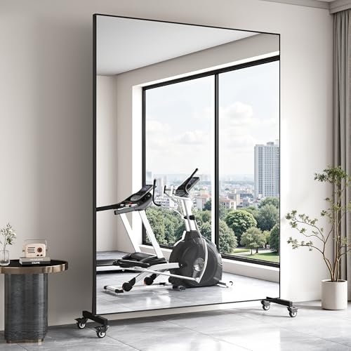 Suidia 82"x44" Full Length Mirror with Wheels, Shatterproof Full Body Mirrors, Mobile Floor Standing Mirror for Home Gym, Yoga, Dance Studio, Living Room, Rectangular, Black