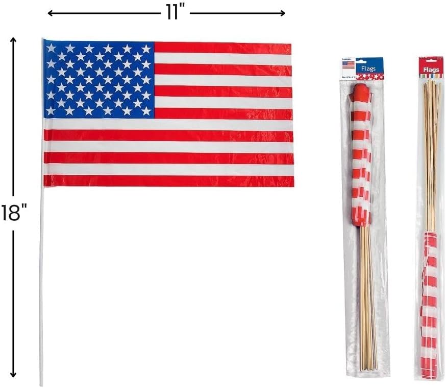 18" x 11" Large Plastic USA American Flags, 12 Pieces, Great for Memorial Day, 4th of July, Veterans Day and any Patriotic Event