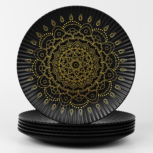 ONEderful Black and Gold Plates Set of 6, 9 inch Melamine Plate for Holiday appetizer, Christmas, Birthday, Picnic, Dishwasher Safe (Black with Golden Lines) ONEderful Black and Gold Plates Set of 6, 9 inch Melamine Plate for Holiday appetizer, Christmas, Birthday, Picnic, Dishwasher Safe (Black with Golden Lines)